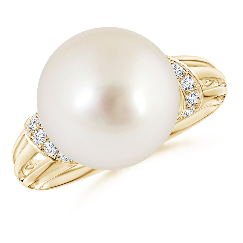 12mm AAAA South Sea Pearl Ring with Pavé-Set Diamonds in Yellow Gold 