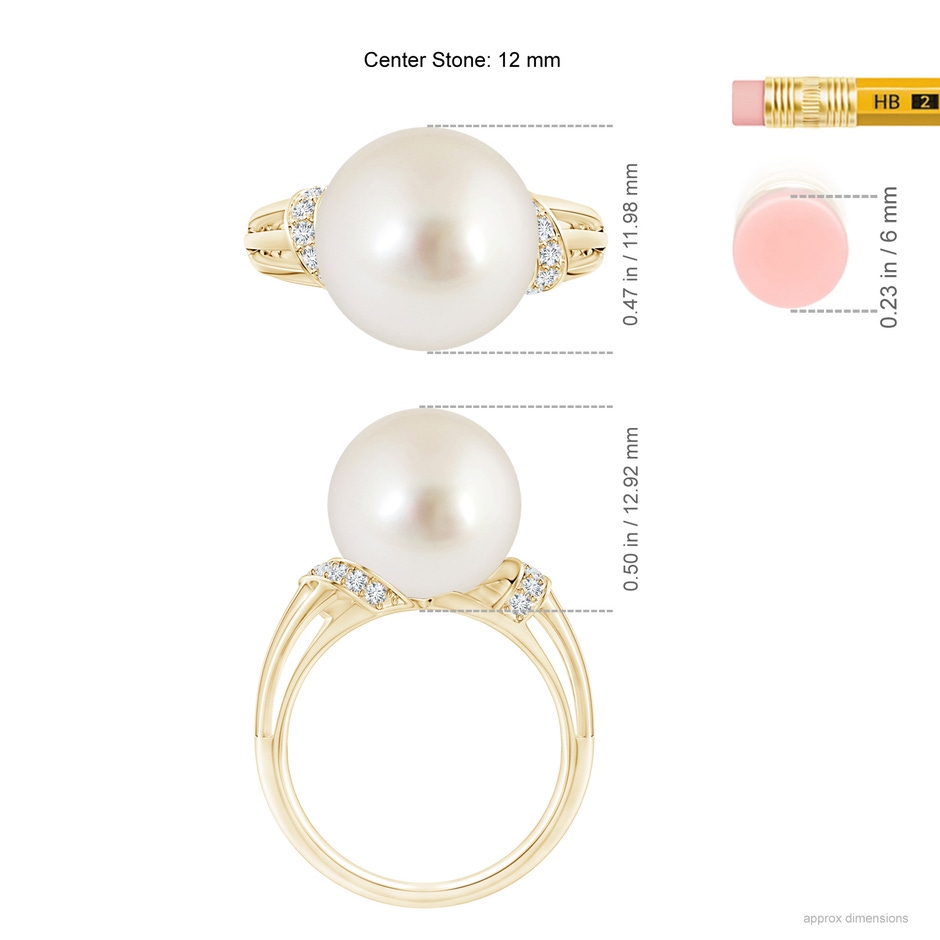 12mm AAAA South Sea Pearl Ring with Pavé-Set Diamonds in Yellow Gold ruler