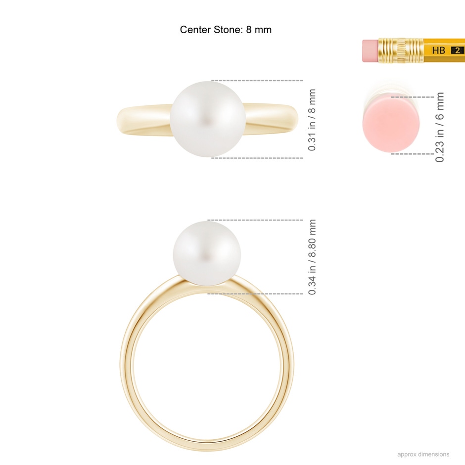 8mm AA Solitaire South Sea Pearl Engagement Ring in Yellow Gold ruler