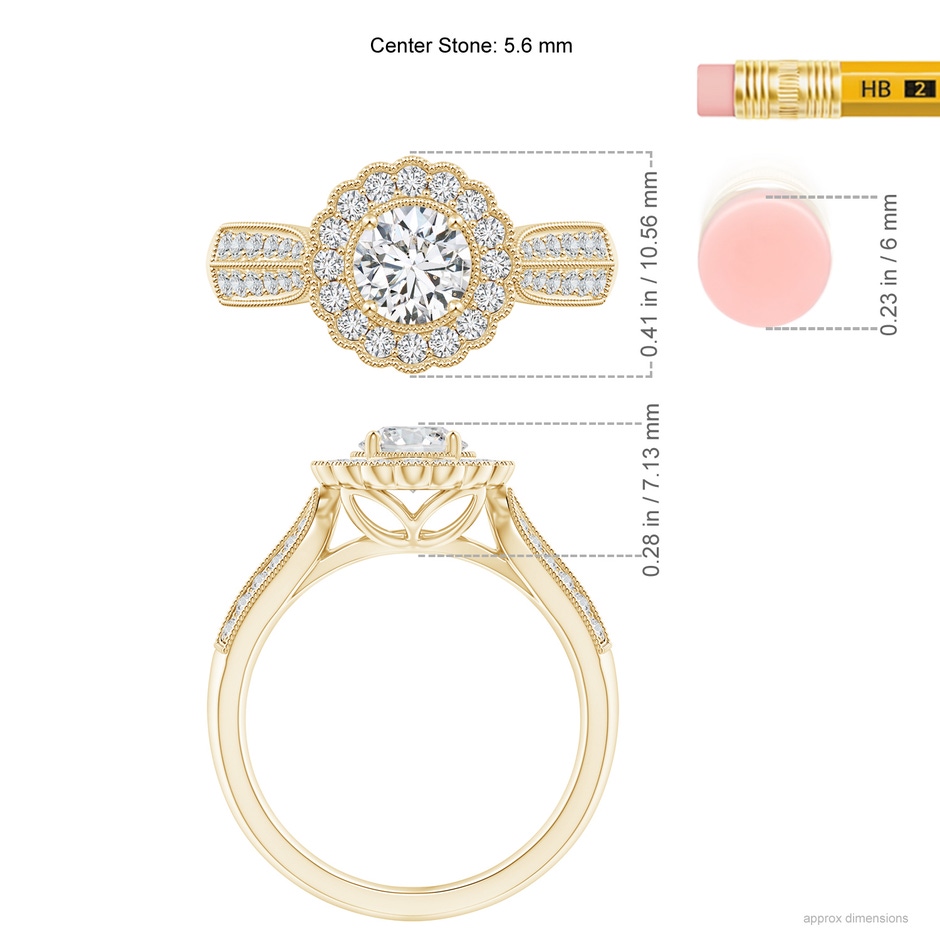 5.6mm HSI2 Diamond Floral Halo Engagement Ring with Knife Edge Shank in Yellow Gold ruler