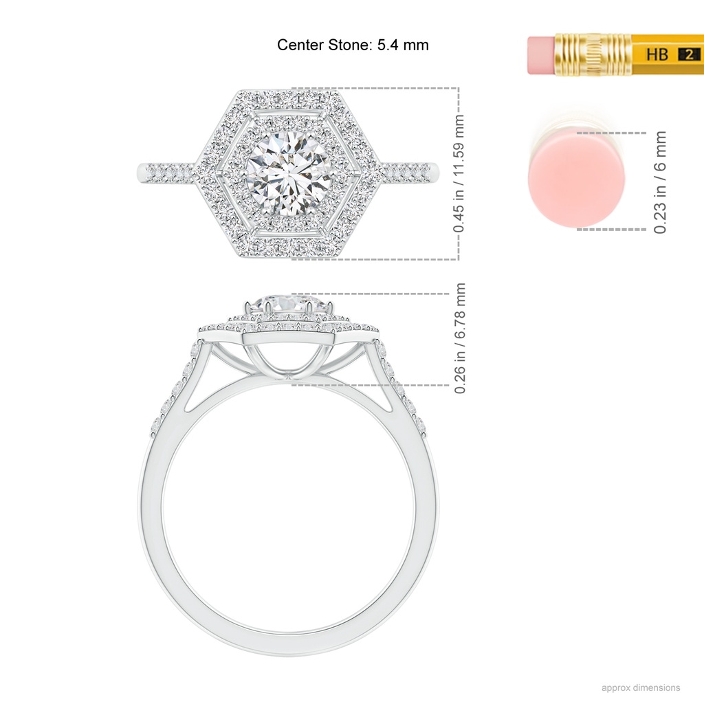 5.4mm HSI2 Round Diamond Double Hexagon Halo Engagement Ring in White Gold Ruler