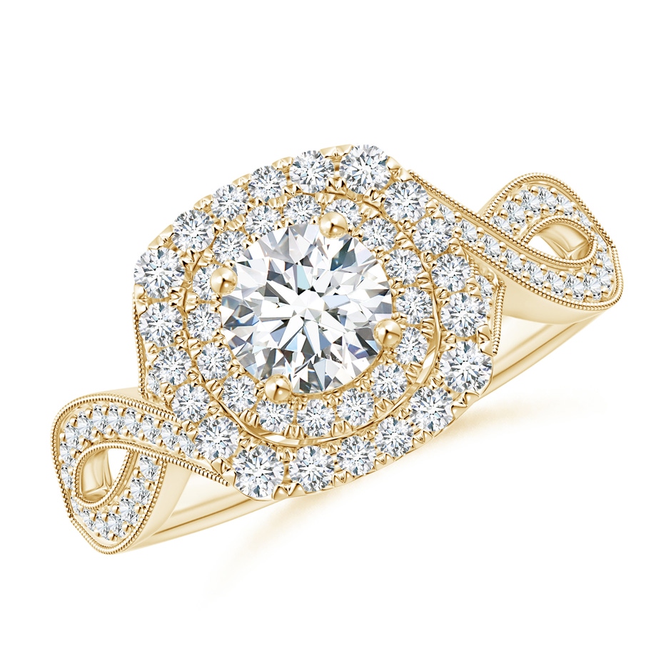 5.2mm GVS2 Diamond Double Halo Engagement Ring with Criss-Cross Shank in Yellow Gold 