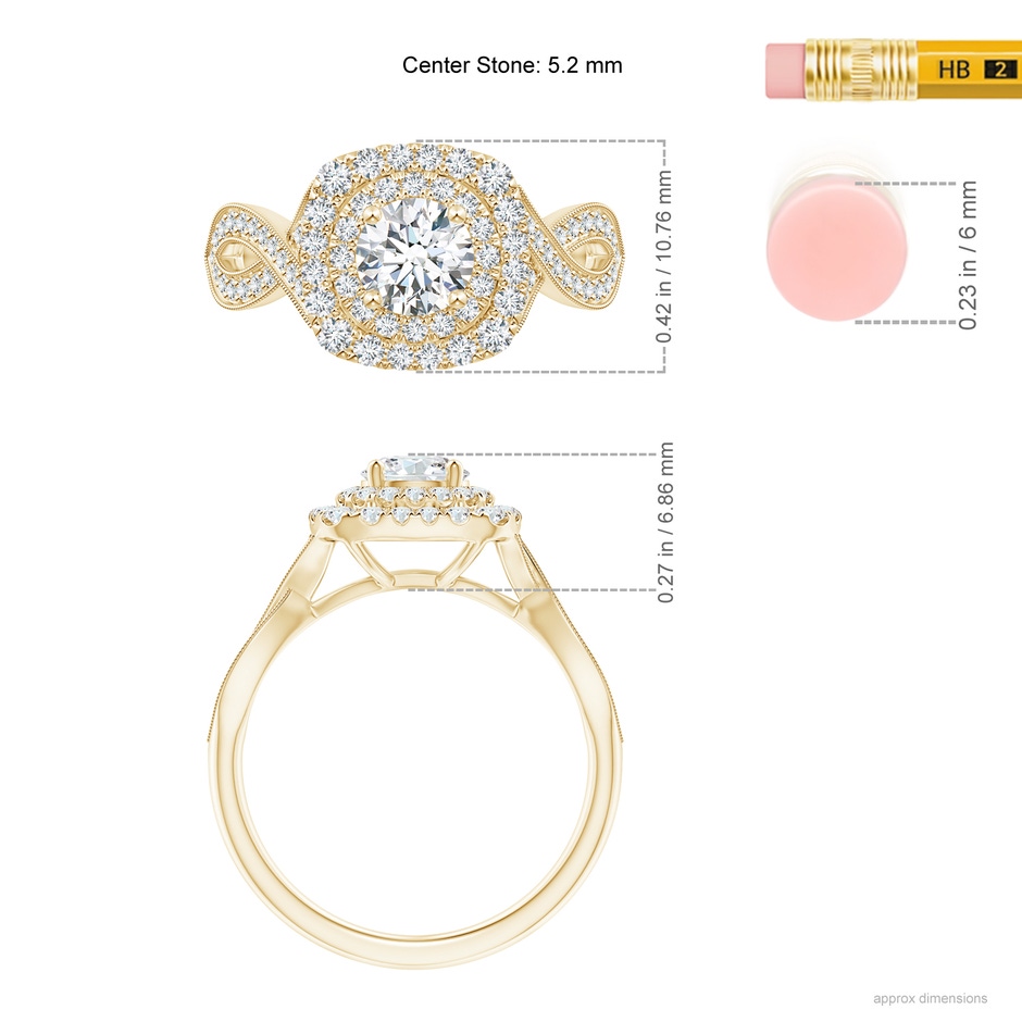 5.2mm GVS2 Diamond Double Halo Engagement Ring with Criss-Cross Shank in Yellow Gold ruler