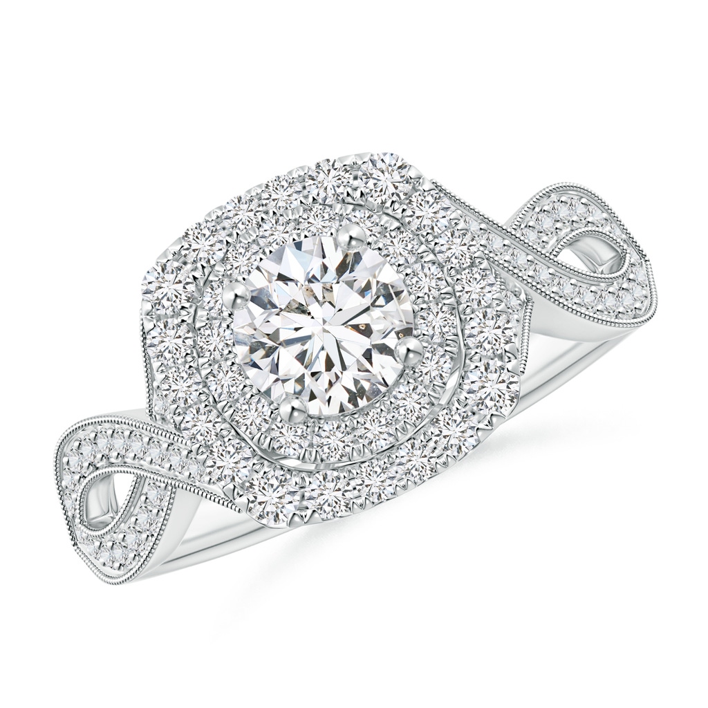 5.2mm HSI2 Diamond Double Halo Engagement Ring with Criss-Cross Shank in White Gold