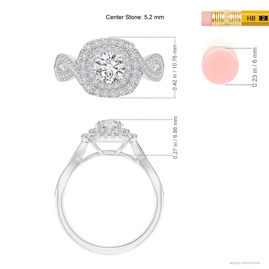 5.2mm HSI2 Diamond Double Halo Engagement Ring with Criss-Cross Shank in White Gold ruler