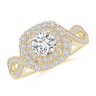 5.2mm HSI2 Diamond Double Halo Engagement Ring with Criss-Cross Shank in Yellow Gold