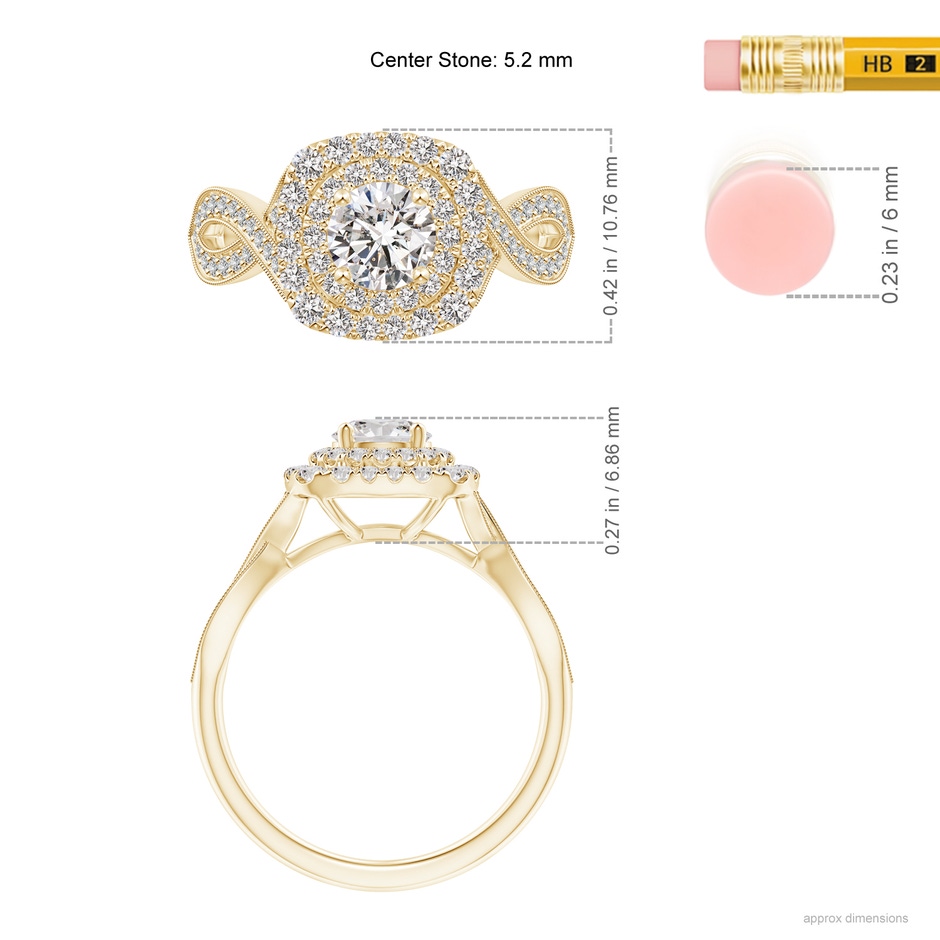 5.2mm IJI1I2 Diamond Double Halo Engagement Ring with Criss-Cross Shank in Yellow Gold ruler