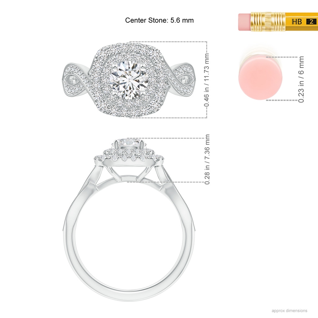5.6mm HSI2 Diamond Double Halo Engagement Ring with Criss-Cross Shank in White Gold Ruler