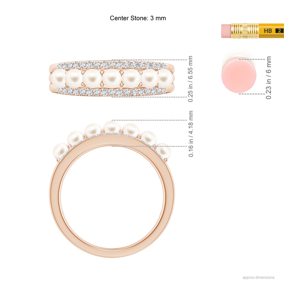 3mm AAA Seed Freshwater Pearl and Diamond Ring in Rose Gold ruler