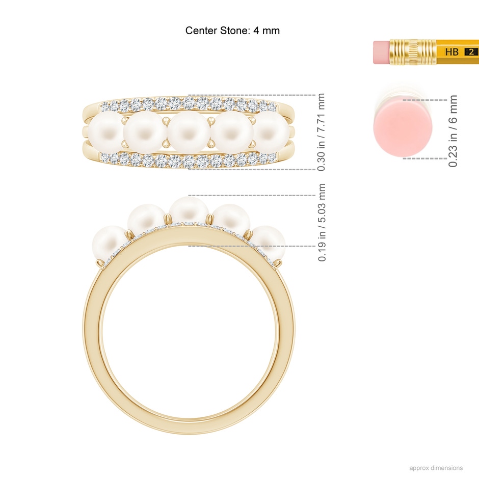 4mm AA Seed Freshwater Pearl and Diamond Ring in Yellow Gold ruler