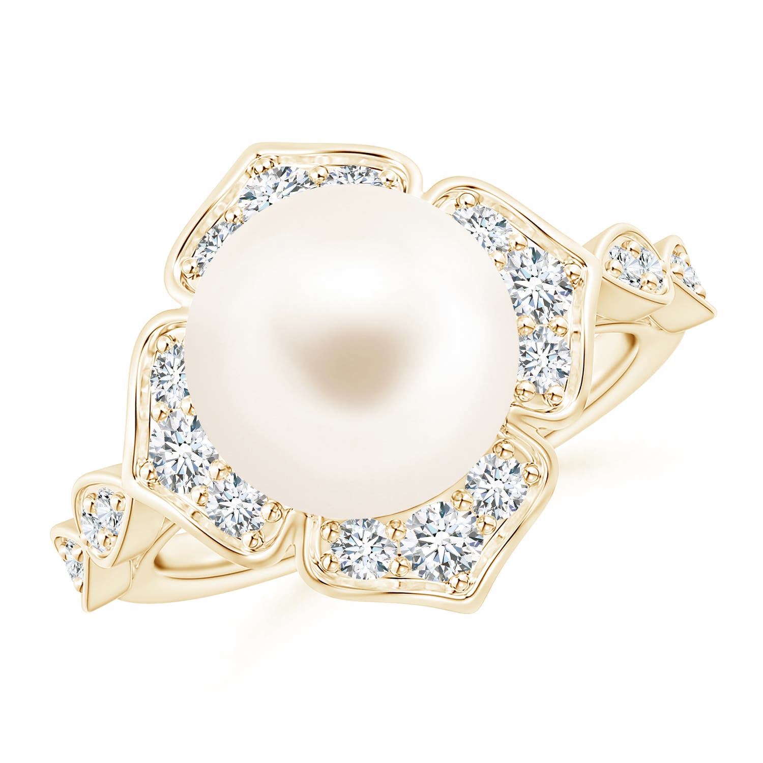 10mm AAA Floral Vintage Inspired Freshwater Pearl Ring in 18K Yellow Gold