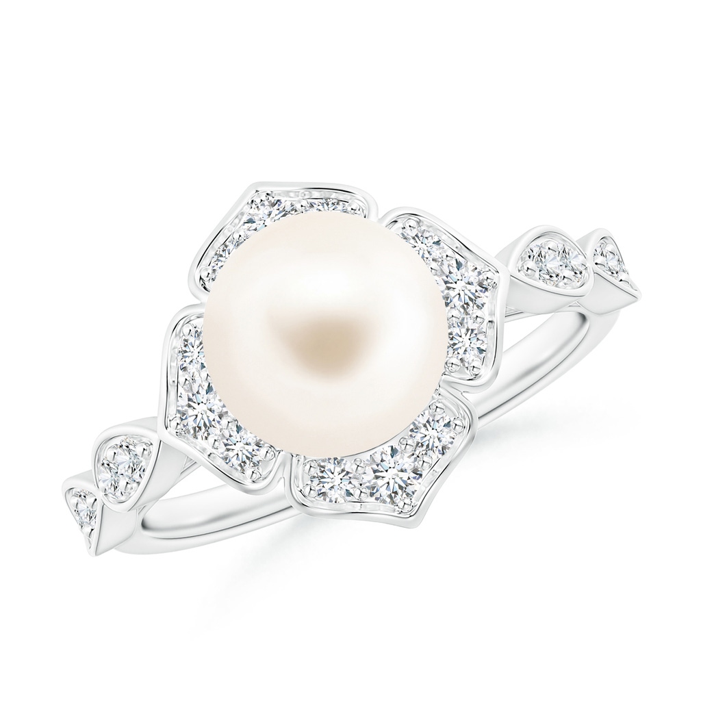 8mm AAA Floral Vintage Inspired Freshwater Pearl Ring in White Gold