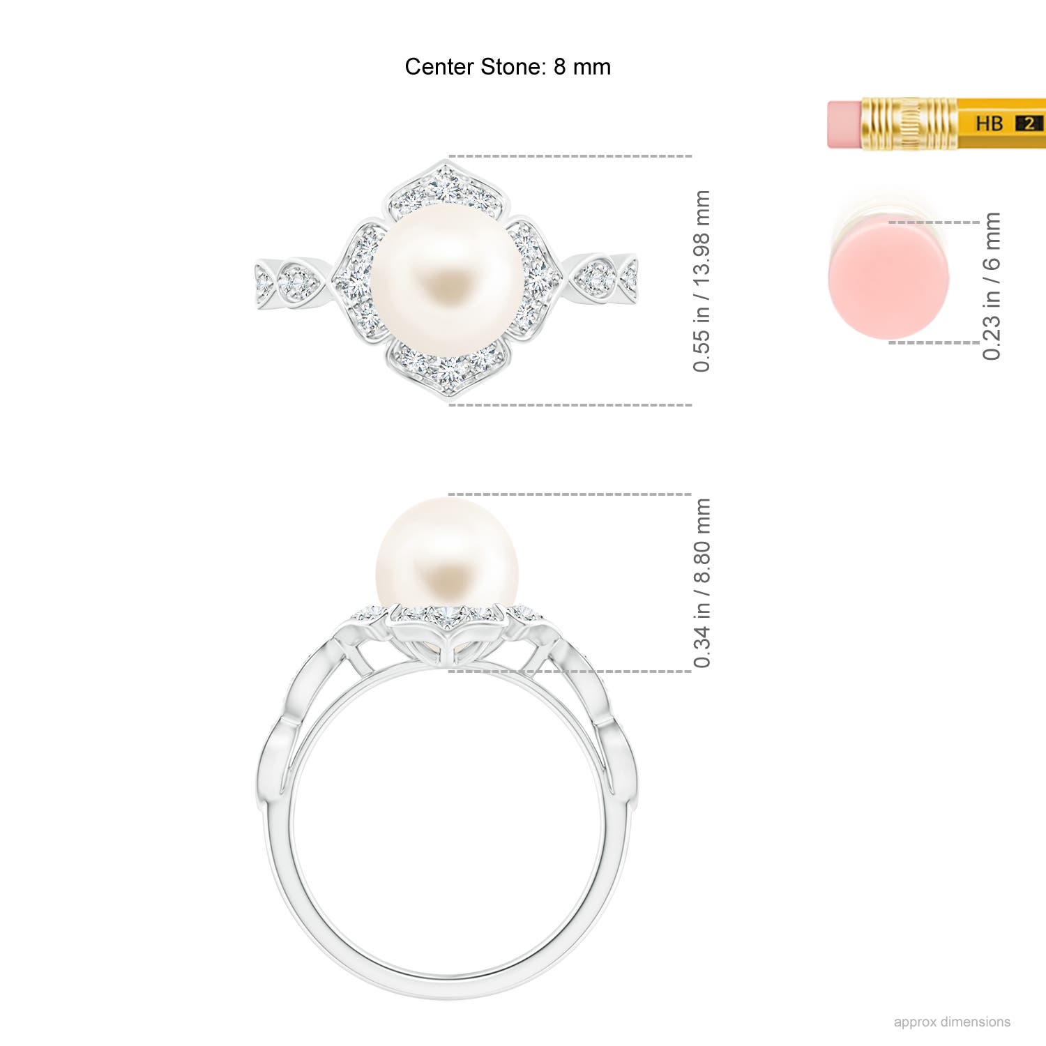 8mm AAA Floral Vintage Inspired Freshwater Pearl Ring in White Gold - ruler