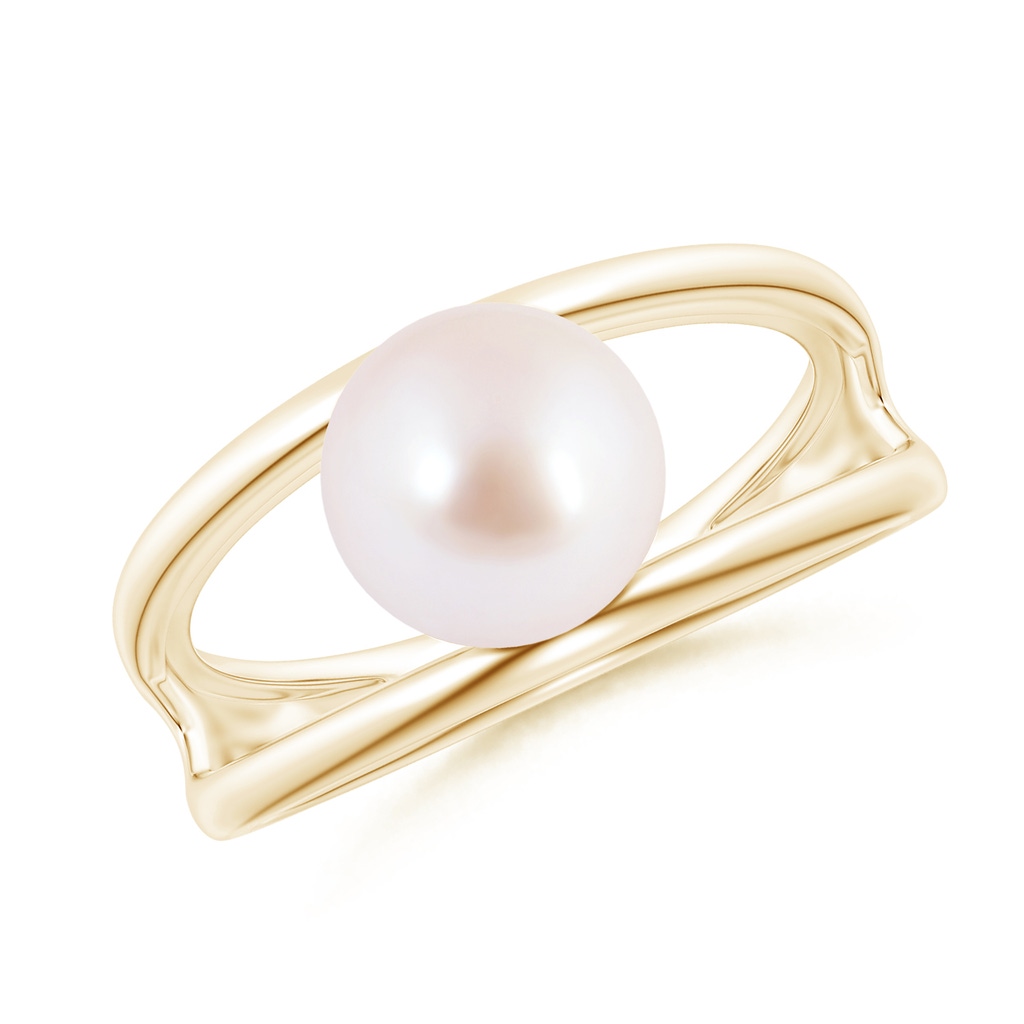 8mm AAA Solitaire Japanese Akoya Pearl Double Shank Ring in Yellow Gold