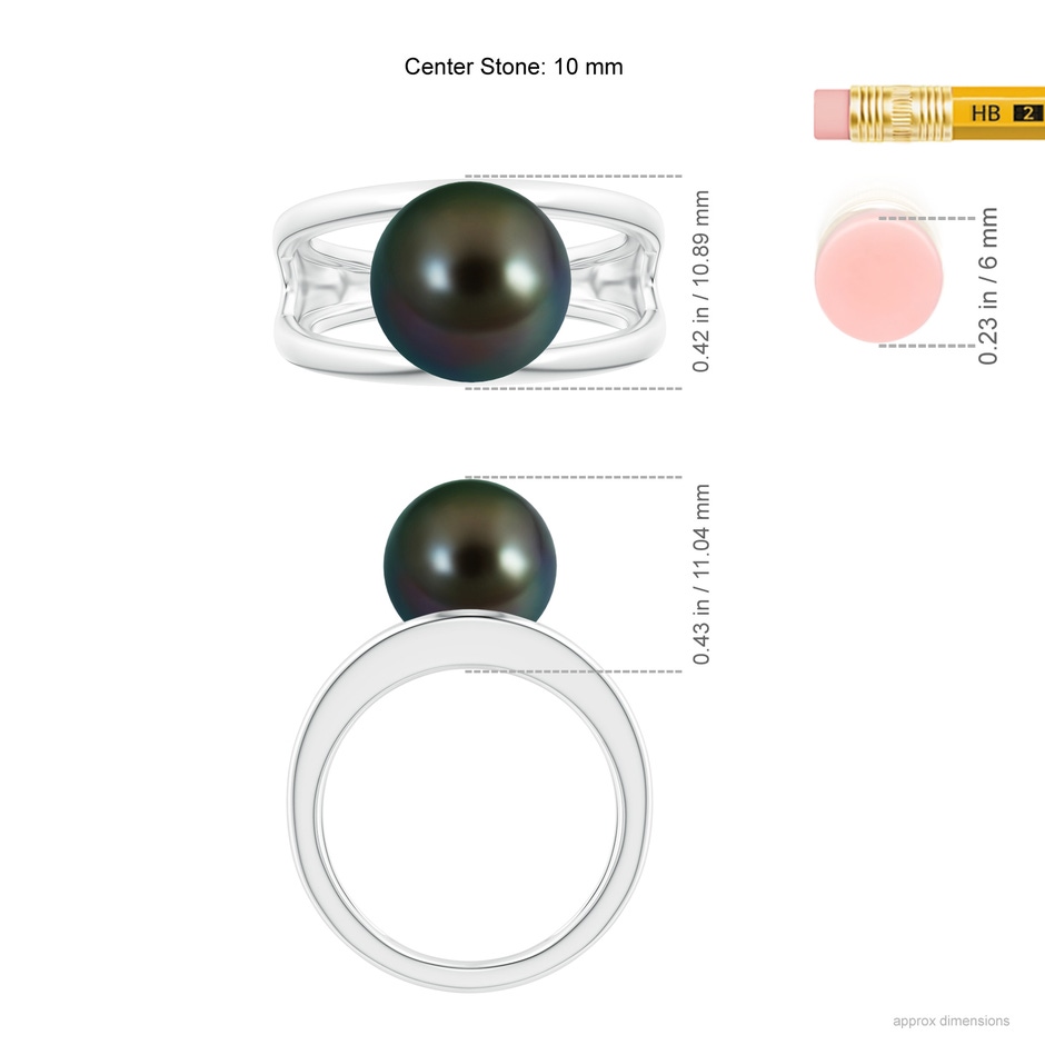 10mm AAAA Solitaire Tahitian Pearl Double Shank Ring in White Gold ruler