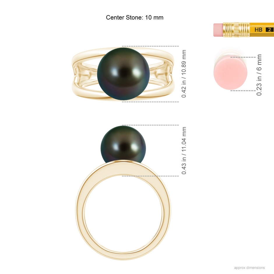 10mm AAAA Solitaire Tahitian Pearl Double Shank Ring in Yellow Gold ruler