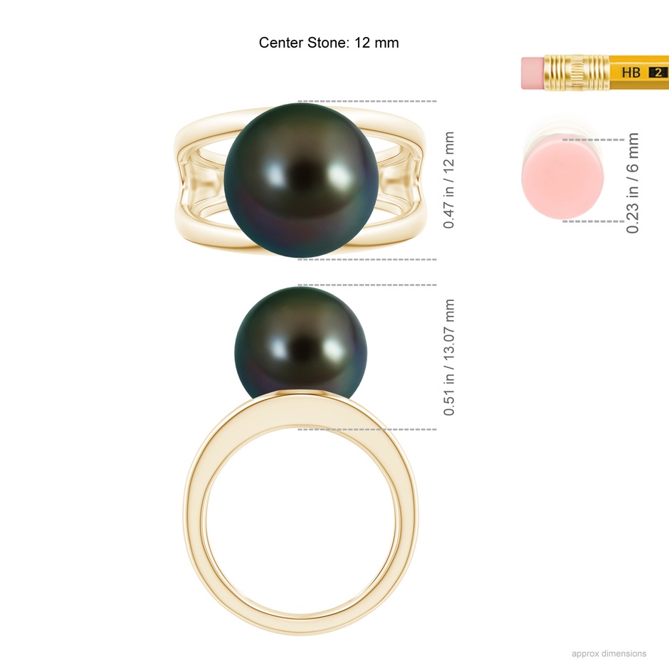 12mm AAAA Solitaire Tahitian Pearl Double Shank Ring in Yellow Gold ruler
