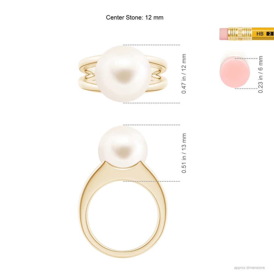 12mm AAA Solitaire Freshwater Pearl Split Shank Ring in Yellow Gold ruler