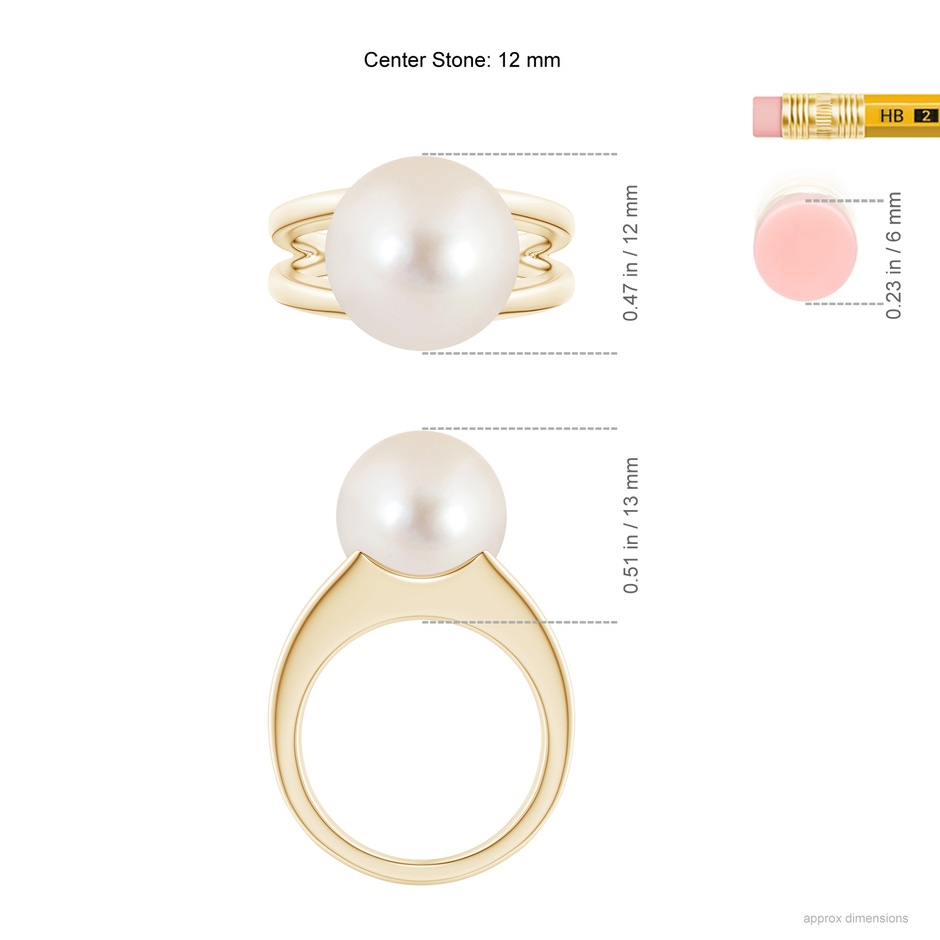 12mm AAAA Solitaire Freshwater Pearl Split Shank Ring in Yellow Gold ruler