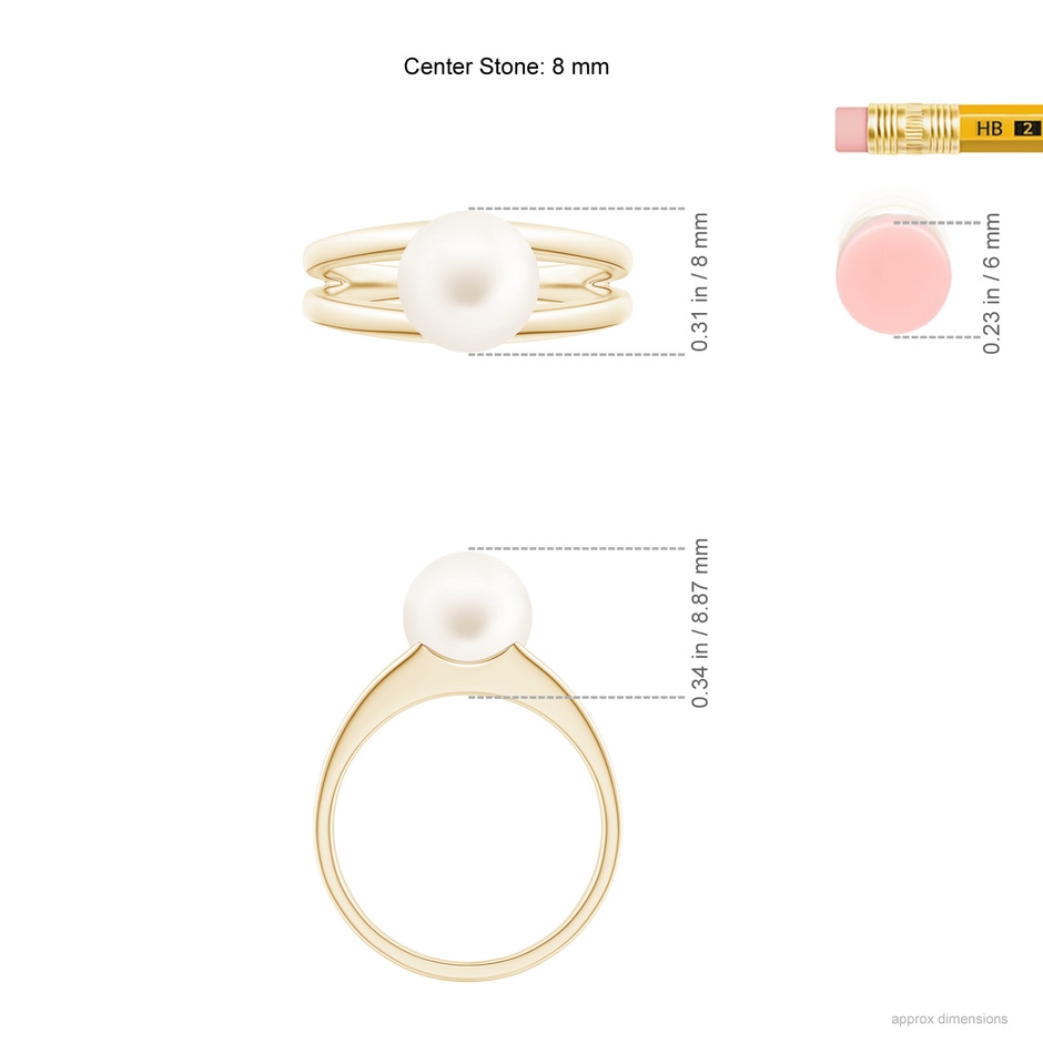 8mm AA Solitaire Freshwater Pearl Split Shank Ring in Yellow Gold ruler