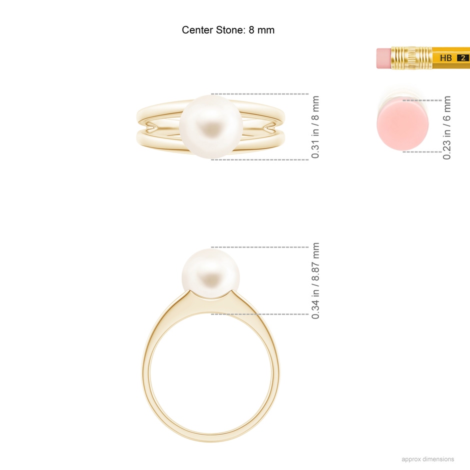 8mm AAA Solitaire Freshwater Pearl Split Shank Ring in Yellow Gold ruler