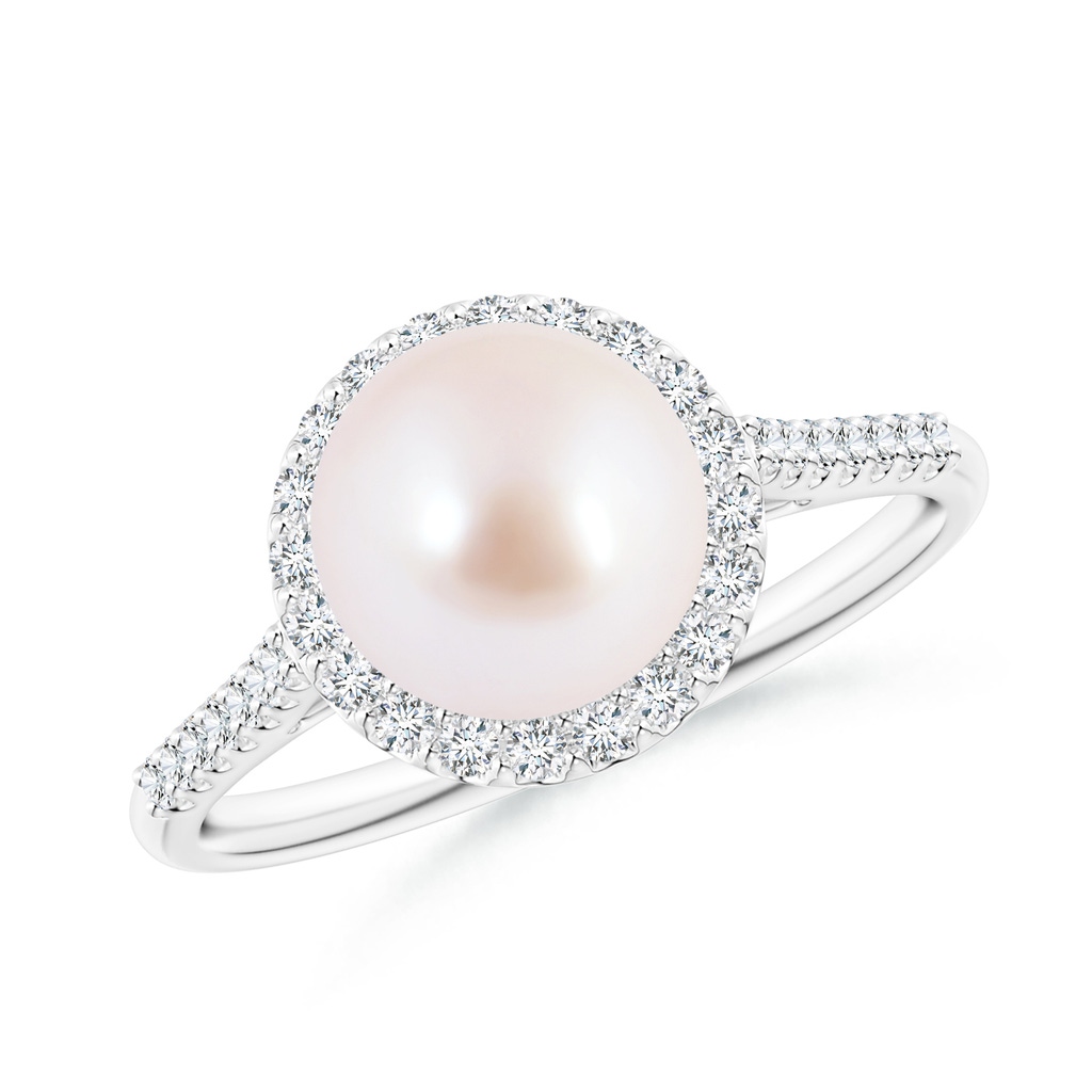 8mm AAA Japanese Akoya Pearl Diamond Halo Ring in White Gold