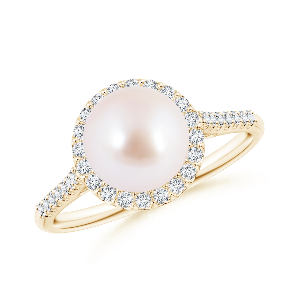 8mm AAA Japanese Akoya Pearl Diamond Halo Ring in Yellow Gold