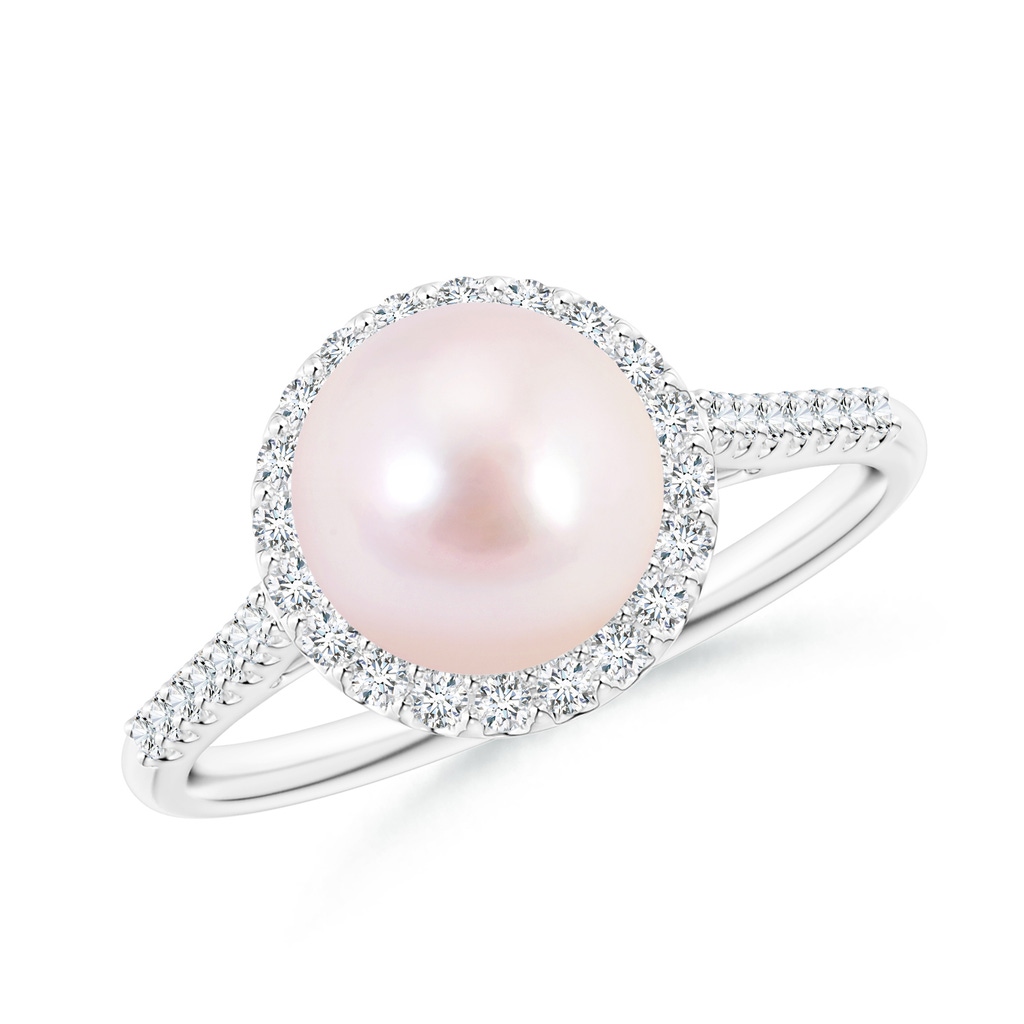 8mm AAAA Japanese Akoya Pearl Diamond Halo Ring in White Gold