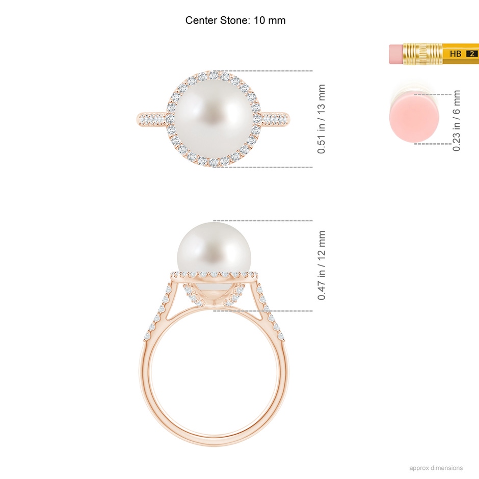 10mm AAA South Sea Pearl Diamond Halo Ring in Rose Gold ruler