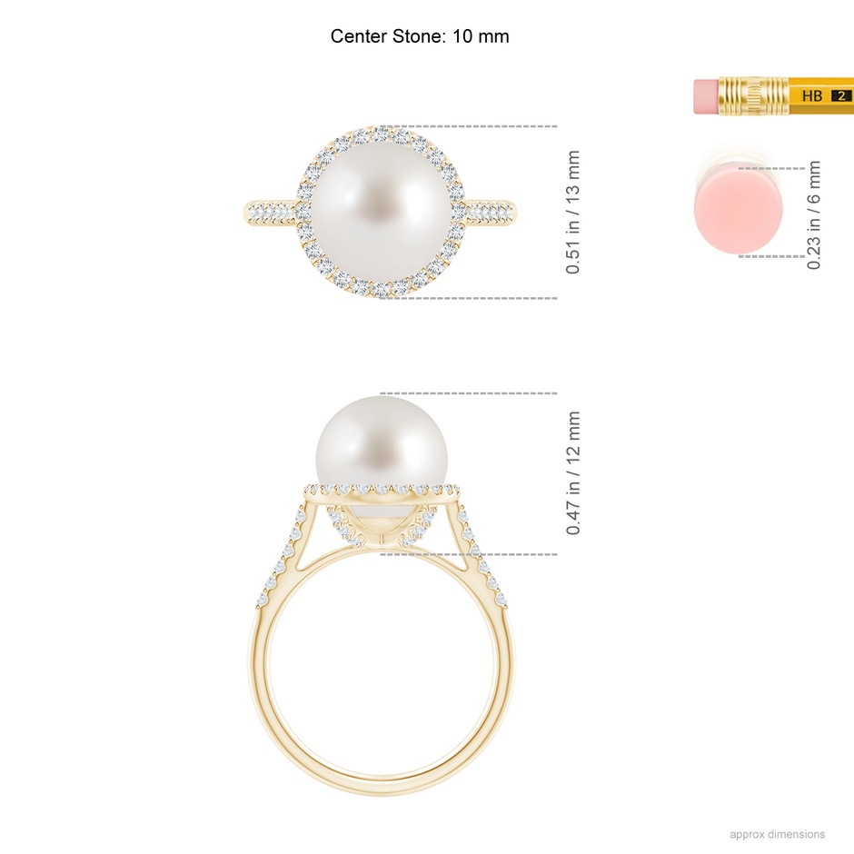 10mm AAA South Sea Pearl Diamond Halo Ring in Yellow Gold ruler