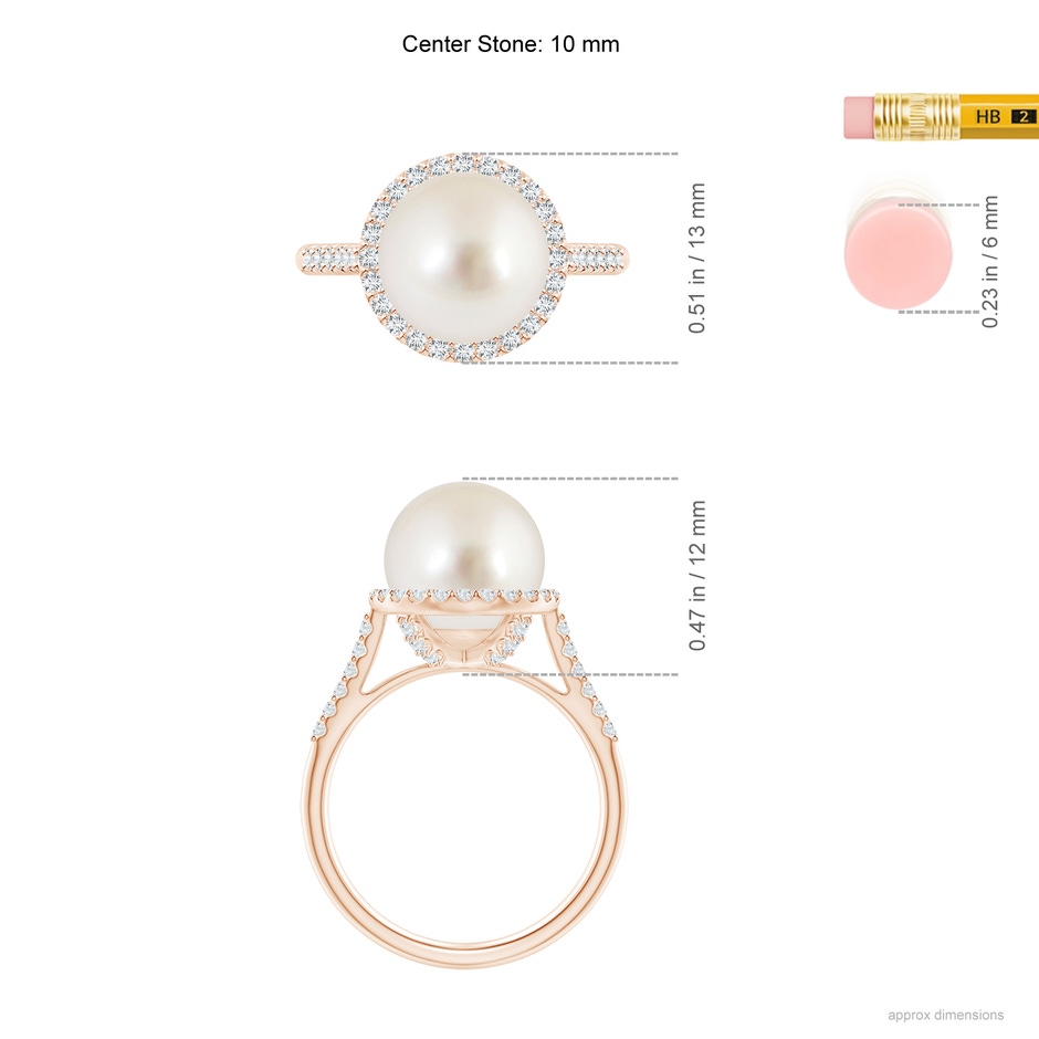 10mm AAAA South Sea Pearl Diamond Halo Ring in Rose Gold ruler