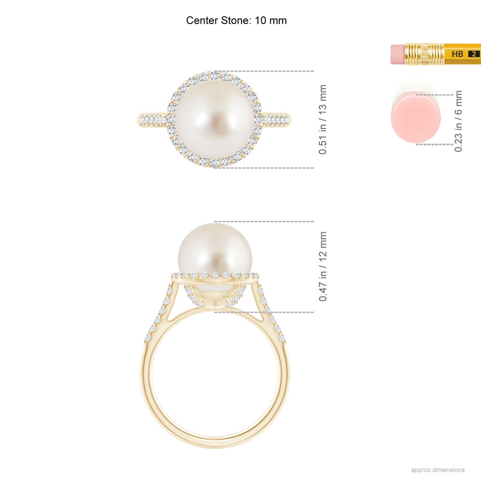 10mm AAAA South Sea Pearl Diamond Halo Ring in Yellow Gold ruler