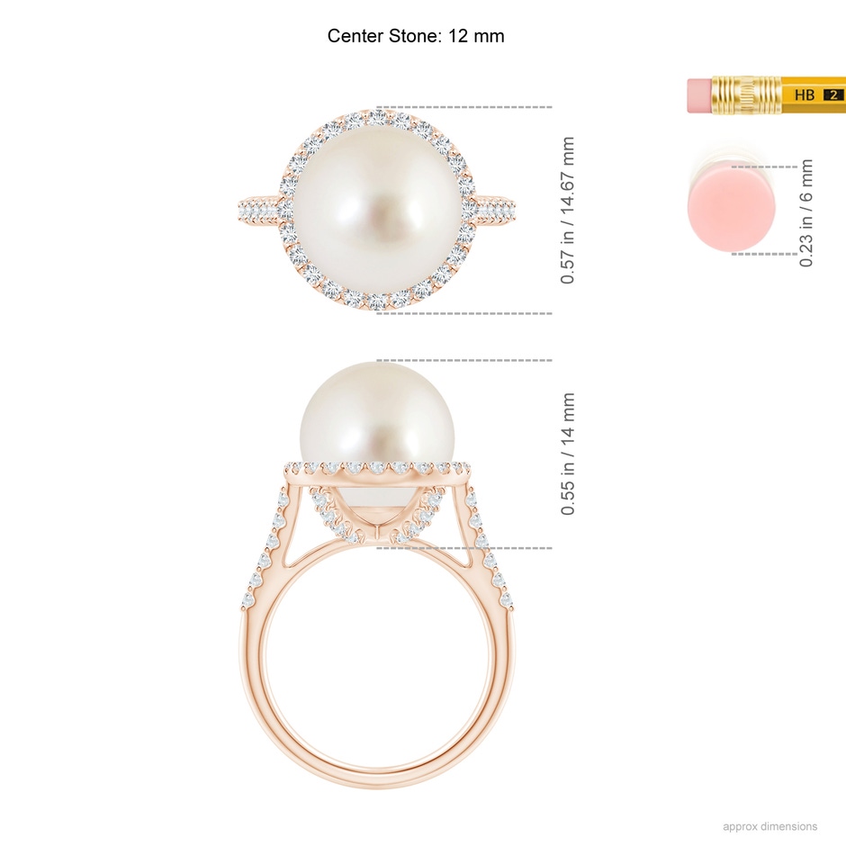 12mm AAAA South Sea Pearl Diamond Halo Ring in Rose Gold ruler