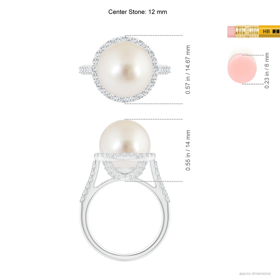 12mm AAAA South Sea Pearl Diamond Halo Ring in White Gold ruler