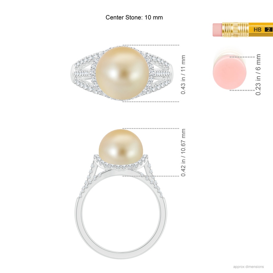 10mm AAA Golden South Sea Pearl Triple Shank Ring in White Gold ruler