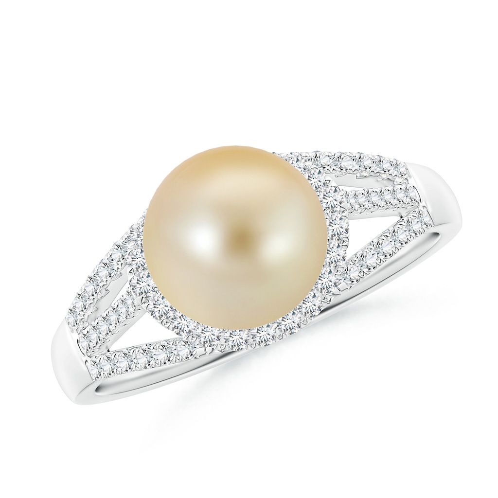 8mm AAA Golden South Sea Pearl Triple Shank Ring in White Gold