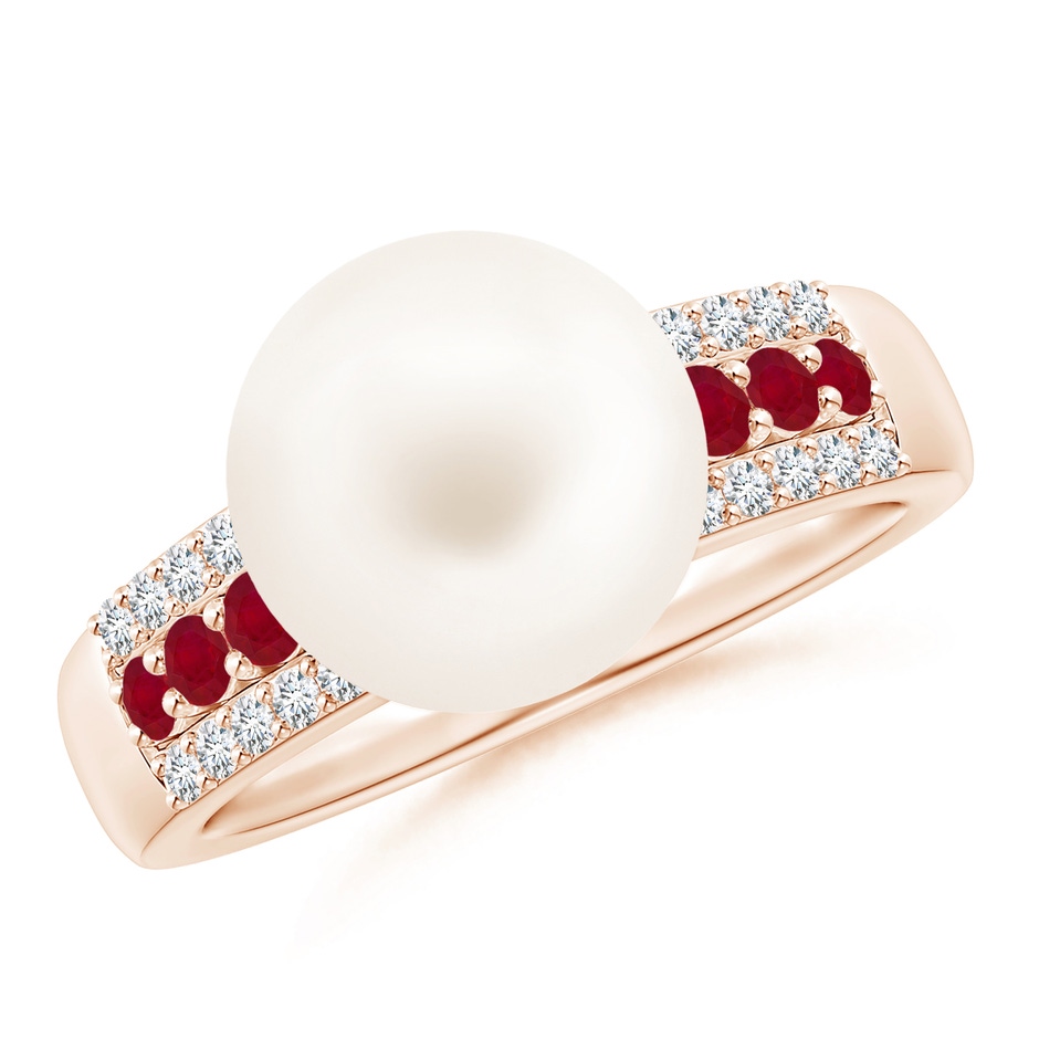 10mm AA Freshwater Pearl Ring with Rubies in Rose Gold 