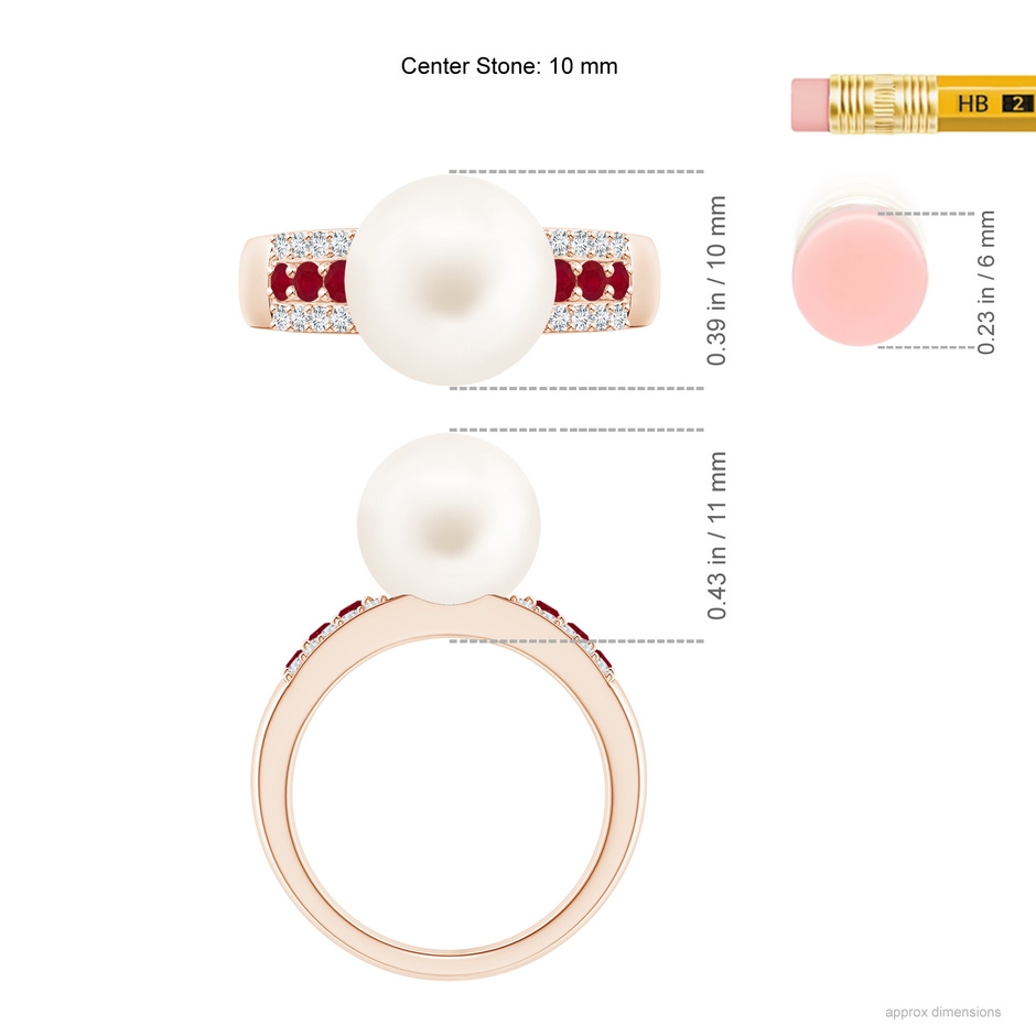10mm AA Freshwater Pearl Ring with Rubies in Rose Gold ruler
