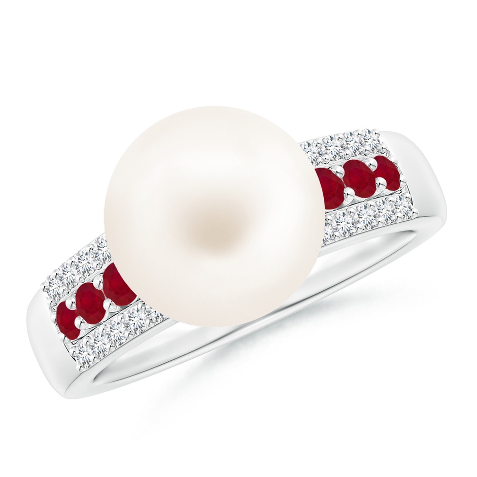 10mm AA Freshwater Pearl Ring with Rubies in White Gold 