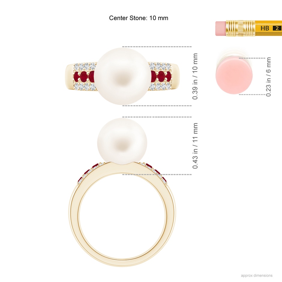 10mm AA Freshwater Pearl Ring with Rubies in Yellow Gold ruler