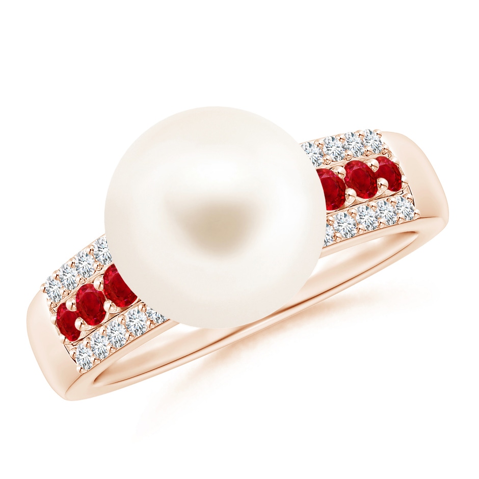 10mm AAA Freshwater Pearl Ring with Rubies in Rose Gold 