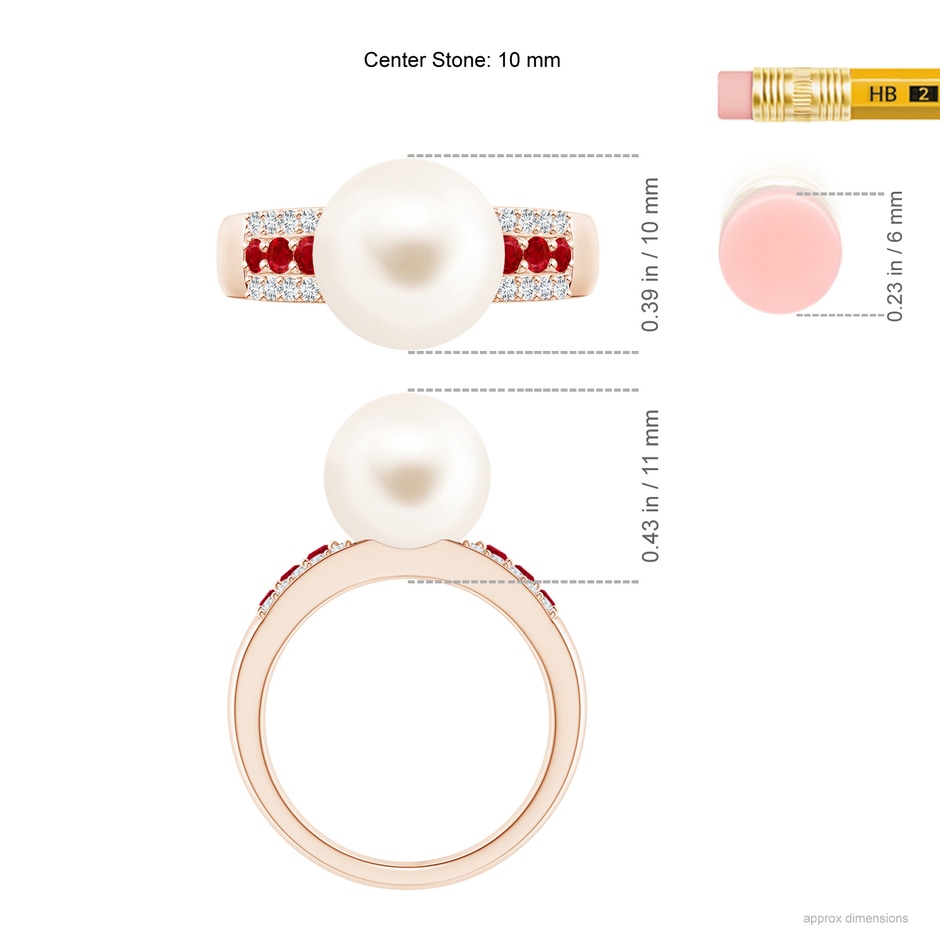 10mm AAA Freshwater Pearl Ring with Rubies in Rose Gold ruler