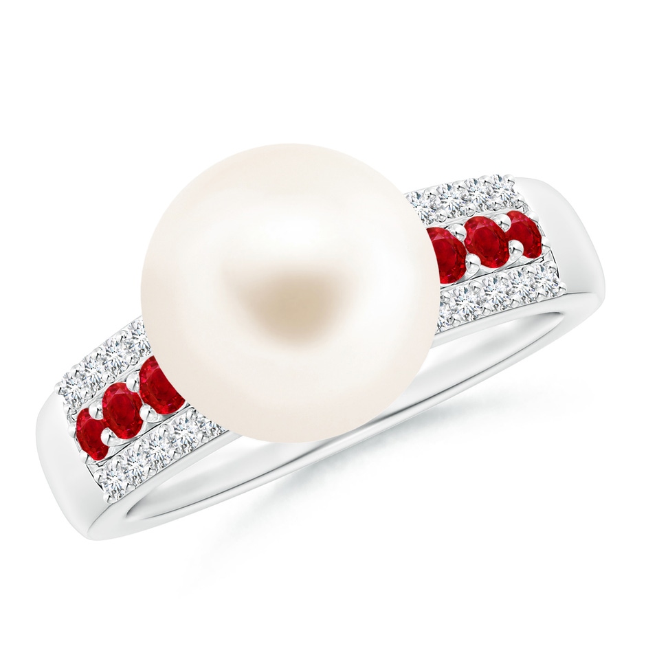 10mm AAA Freshwater Pearl Ring with Rubies in White Gold 