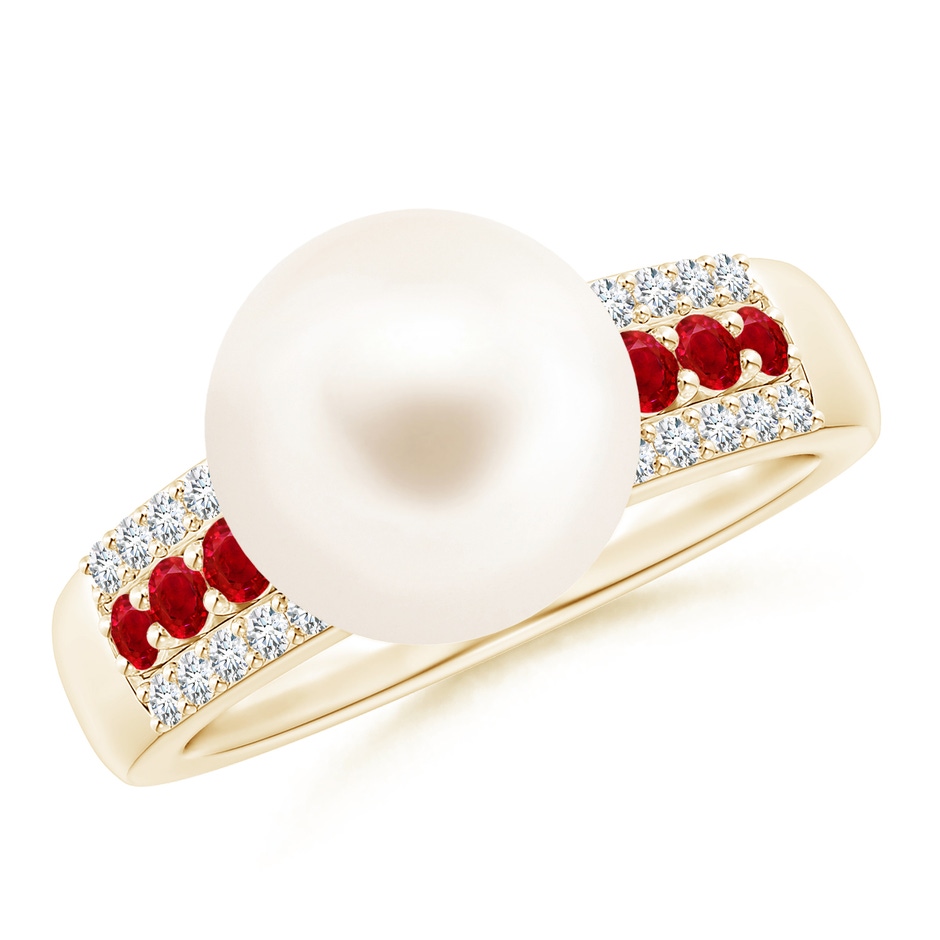 10mm AAA Freshwater Pearl Ring with Rubies in Yellow Gold 