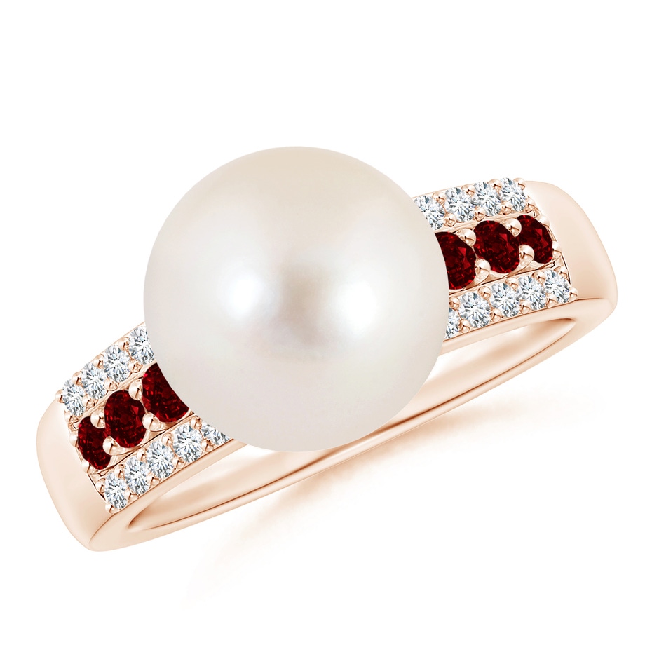 10mm AAAA Freshwater Pearl Ring with Rubies in Rose Gold 
