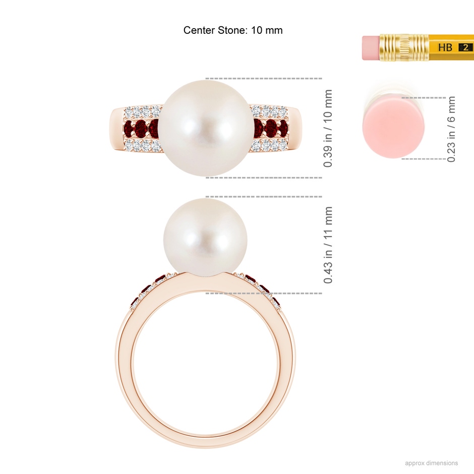 10mm AAAA Freshwater Pearl Ring with Rubies in Rose Gold ruler