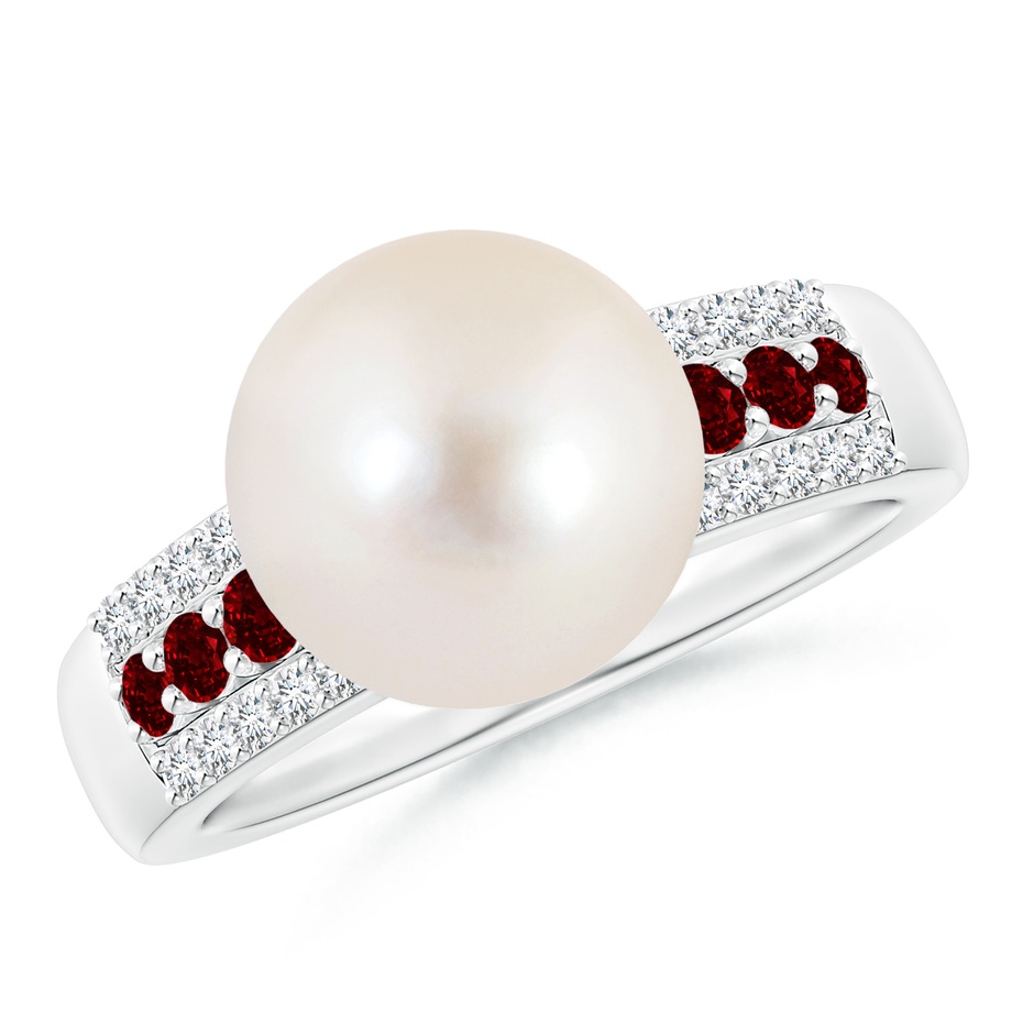 10mm AAAA Freshwater Pearl Ring with Rubies in White Gold 
