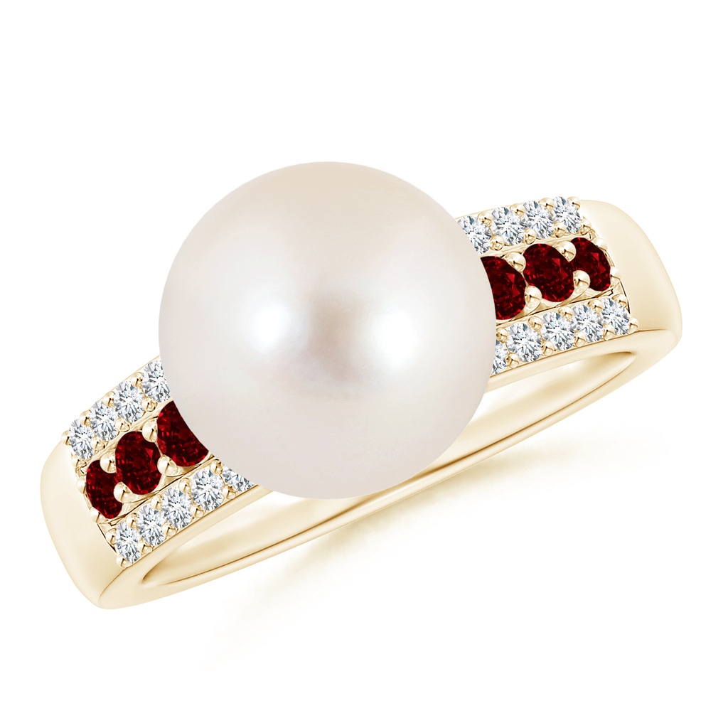 10mm AAAA Freshwater Pearl Ring with Rubies in Yellow Gold