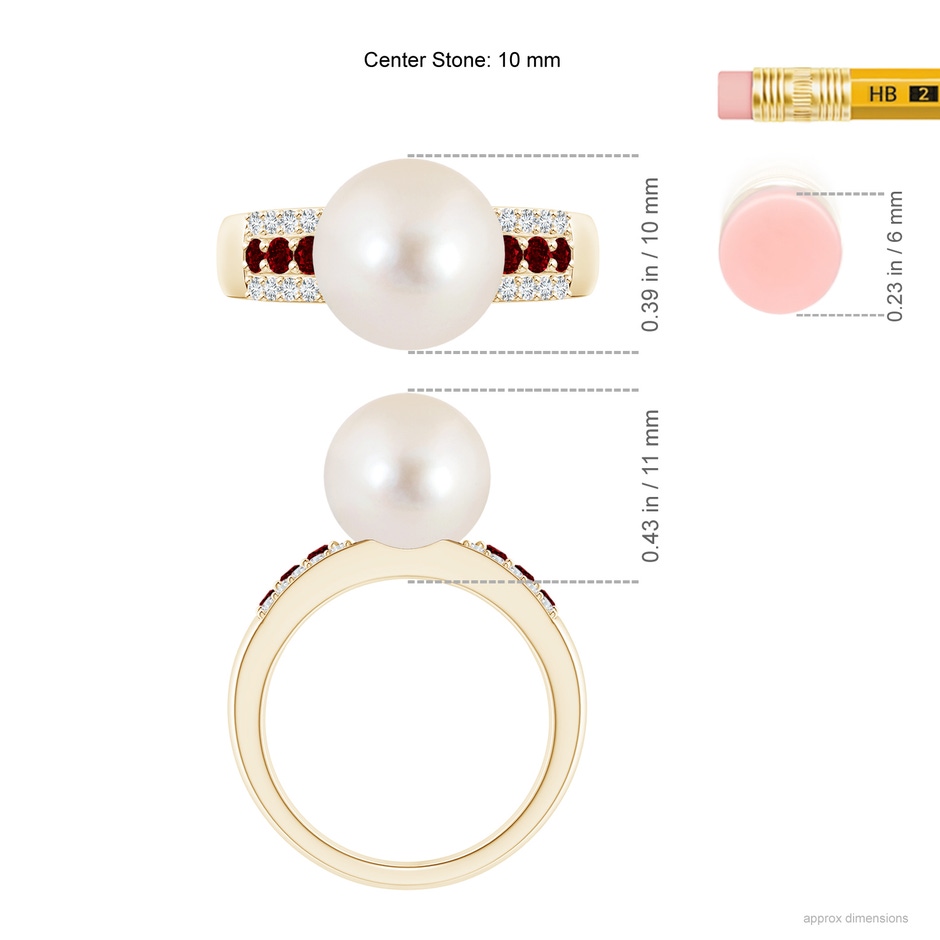 10mm AAAA Freshwater Pearl Ring with Rubies in Yellow Gold ruler
