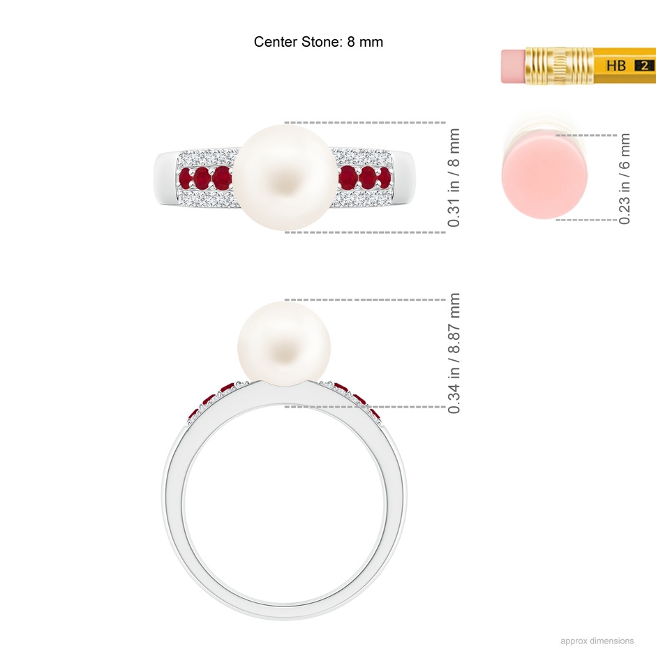 8mm AA Freshwater Pearl Ring with Rubies in White Gold ruler